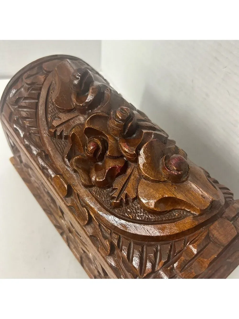Antique Footed Hand carved Wooden Box Primitive Doned Floral Design Storage